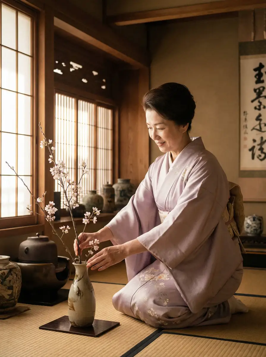一位优雅的 玉浦团1 在和室中插花